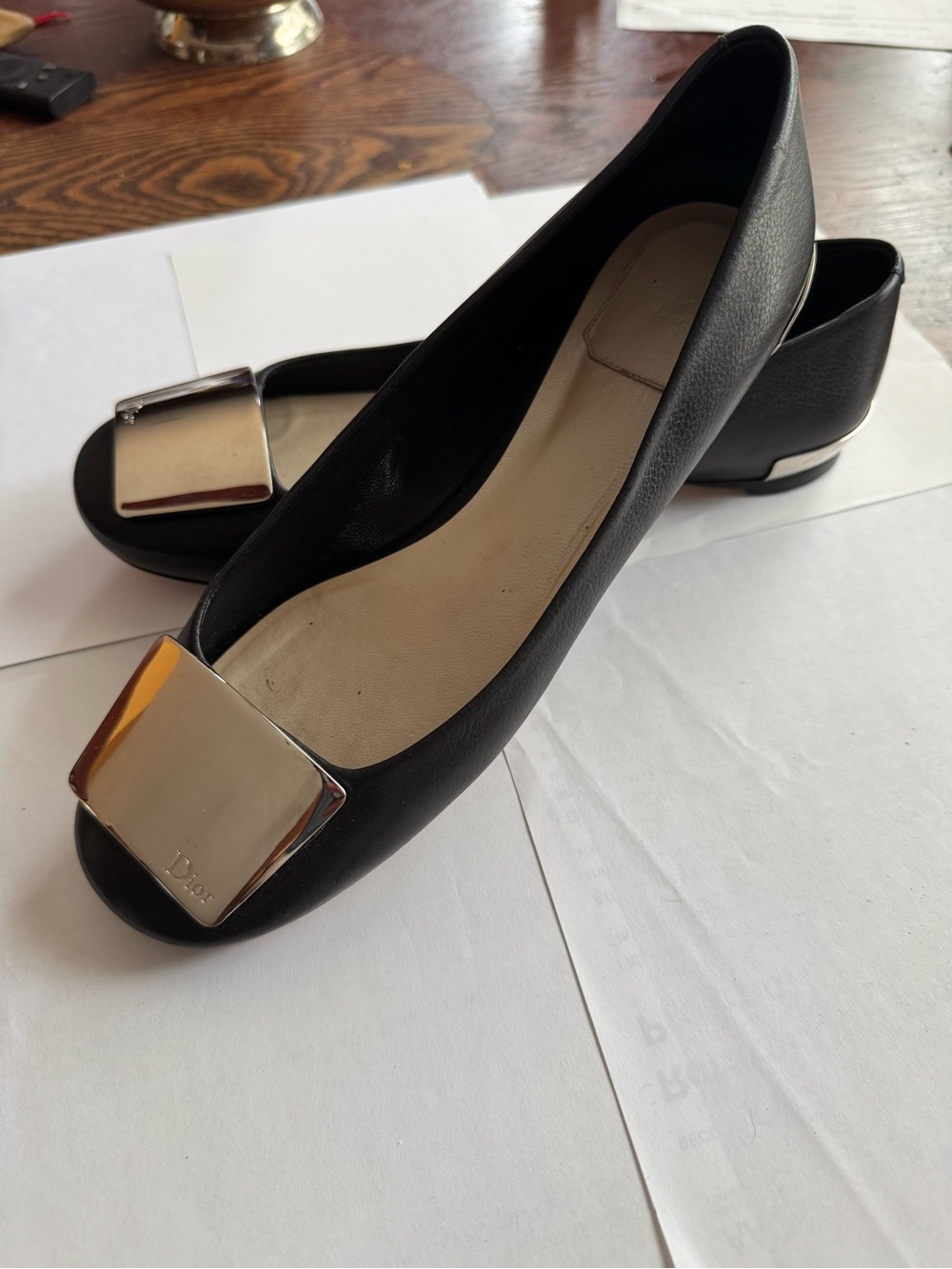 Dior Black Leather Flats with Silver Square Hardware